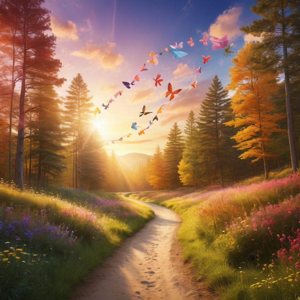 A serene landscape showcasing a path winding through a vibrant forest representing a journey. Alongside the path, symbols of cancer care, such as awareness ribbons and medical icons, float gently in the air. The sky is bright with a hopeful sunrise, illuminating the scene with warm colors, signifying empowerment and hope. Incorporate diverse individuals walking along the path, sharing knowledge and support. super-realistic. vibrant colors. soft focus.